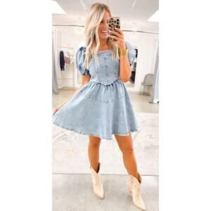 GeeGee y2k Puff Sleeve Denim Dress Size‎ Large Jean Smocked Babydoll Full Skirt